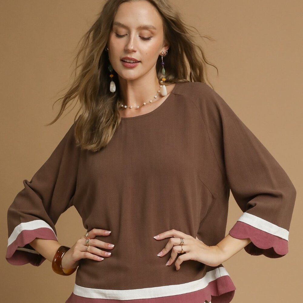 Umgee Scalloped‎ Hem Color Block Top
